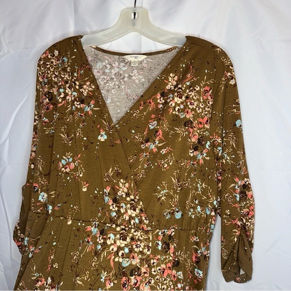 Brown dress flowers 1X 16-18W fall winter ruched sleeves faux wrap v neck floral - Picture 7 of 14